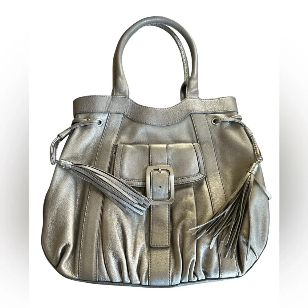 Cole Haan Metallic Taupe Leather Tassel Tote | Soft Pebbled Leather Shoulder Bag